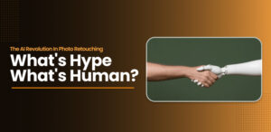 Visual displaying the phrase "what's hype? what's hype?" emphasizing the comparison of AI and human photo retouching