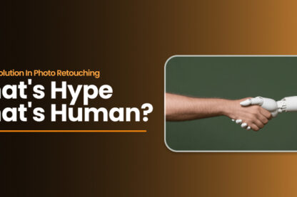 Visual displaying the phrase "what's hype? what's hype?" emphasizing the comparison of AI and human photo retouching