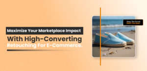 Alt text: "Advertisement highlighting e-commerce retouching services. Features a pair of turquoise espadrilles on a sandy beach, with text promoting high-converting marketplace impact."