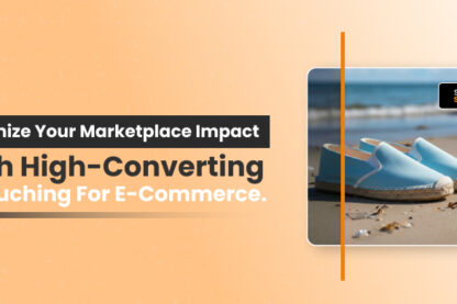 Alt text: "Advertisement highlighting e-commerce retouching services. Features a pair of turquoise espadrilles on a sandy beach, with text promoting high-converting marketplace impact."