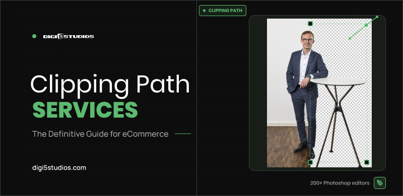 Before-and-after clipping path service example showing a businessman photo with pen tool path points isolating the subject from the background, for the Digi5 Studios blog "Clipping Path Services: The Definitive Guide for eCommerce.